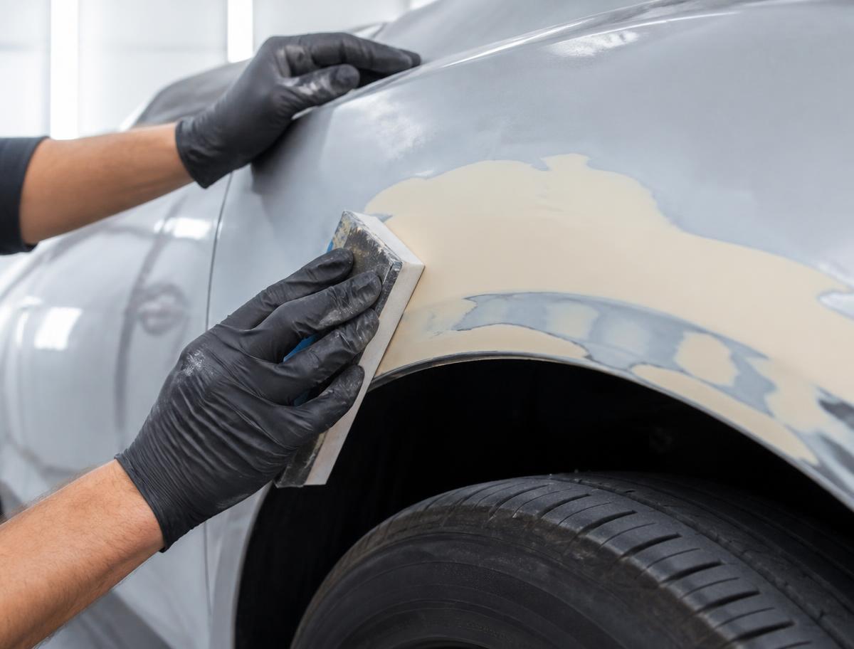Gloved hands block-sanding body filler smooth on a car fender during collision repair