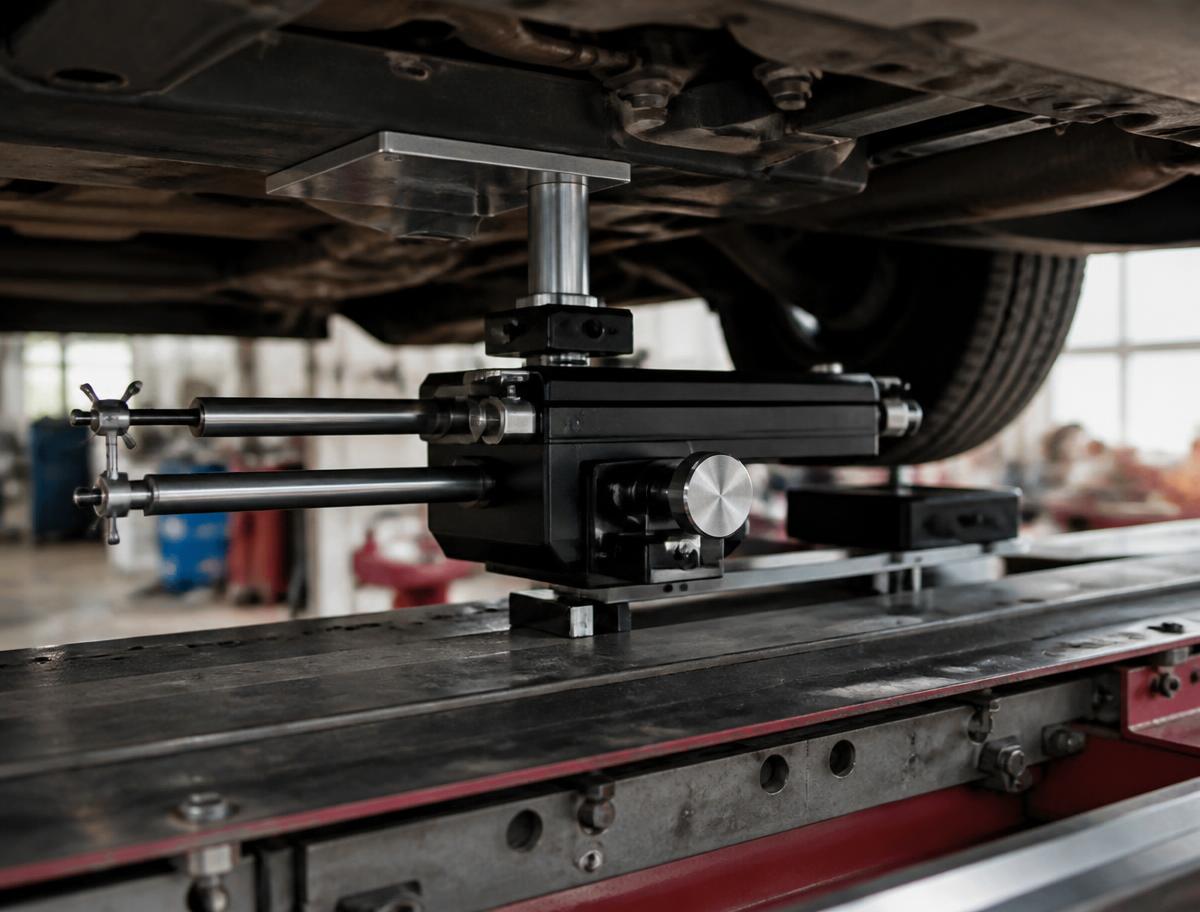 Computerized frame measuring head under a vehicle on a straightening bench for structural repair