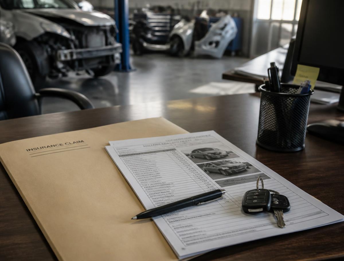 Insurance claim folder with a printed collision repair estimate, pen, and car keys on an auto body shop office desk