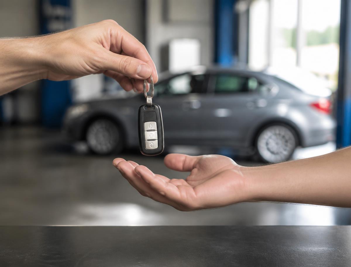 Car keys handed back over a shop counter with a finished repaired vehicle in the background