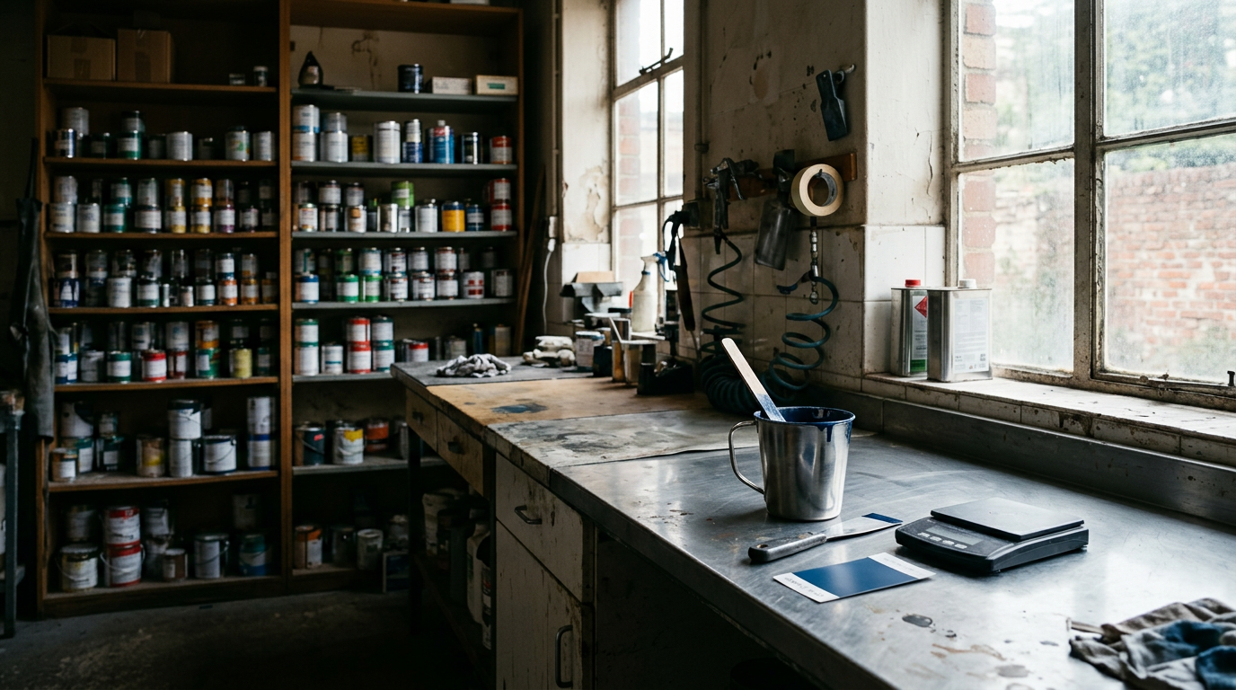 Automotive paint mixing room with a stainless mixing cup, stir stick and paint color sample card on a daylit bench