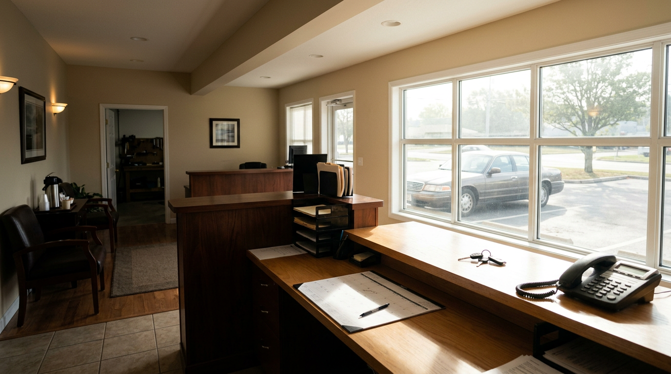 Auto body shop front office counter with vehicle keys and a phone beside a sunlit window