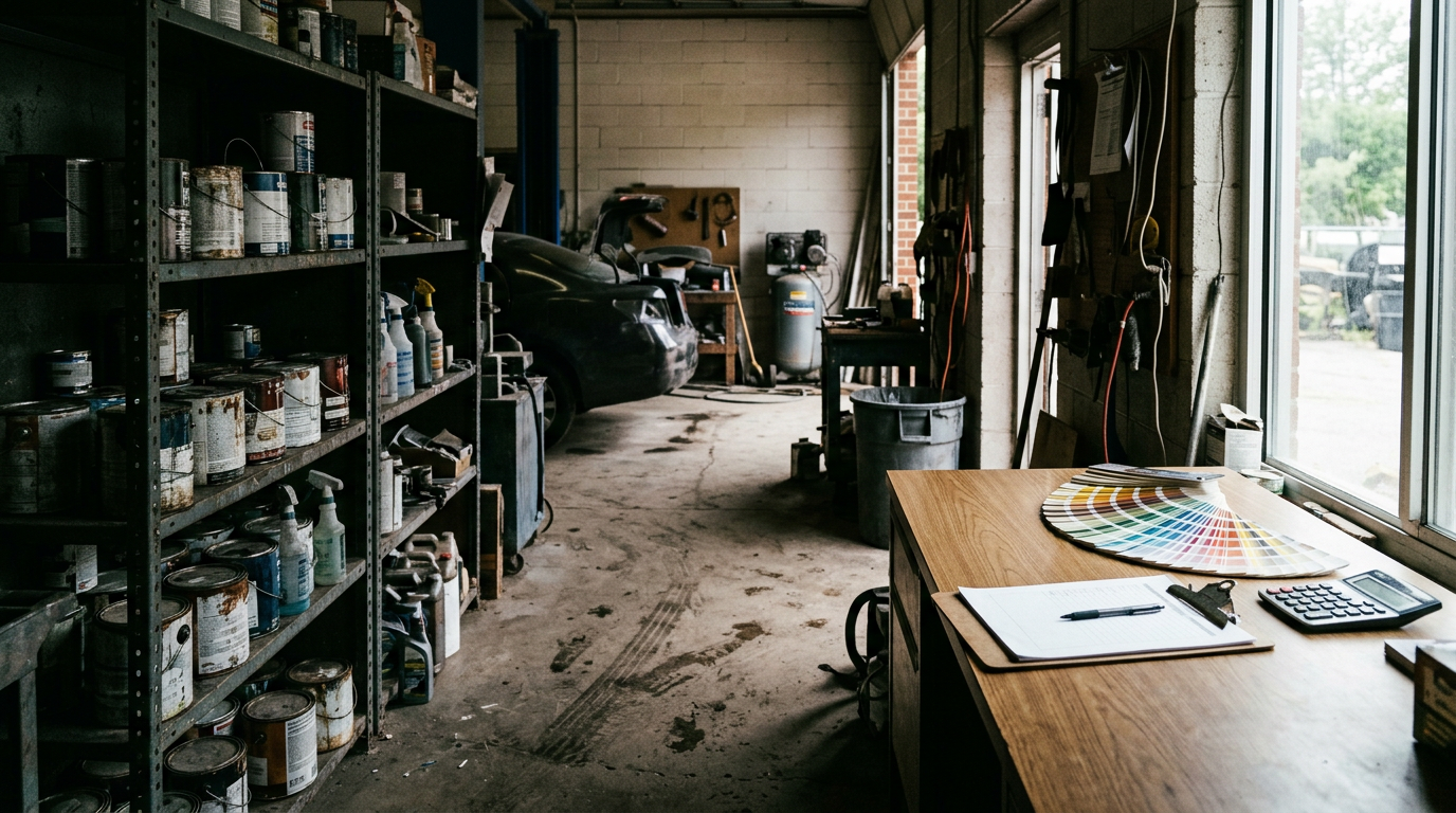 Auto body shop estimating desk with a paint color fan deck and clipboard beside shelves of paint cans