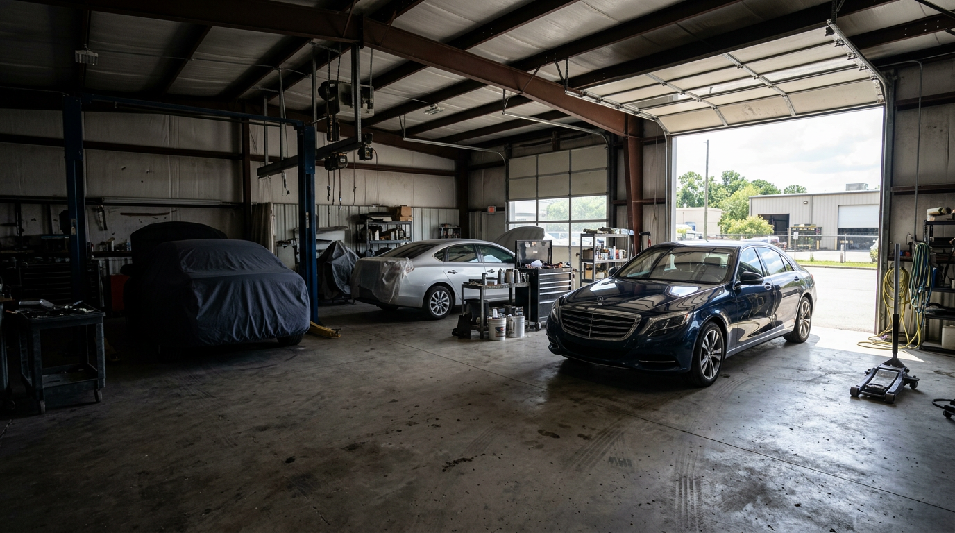 Collision repair shop interior with finished vehicles, a covered car in shadow and a polished sedan in daylight