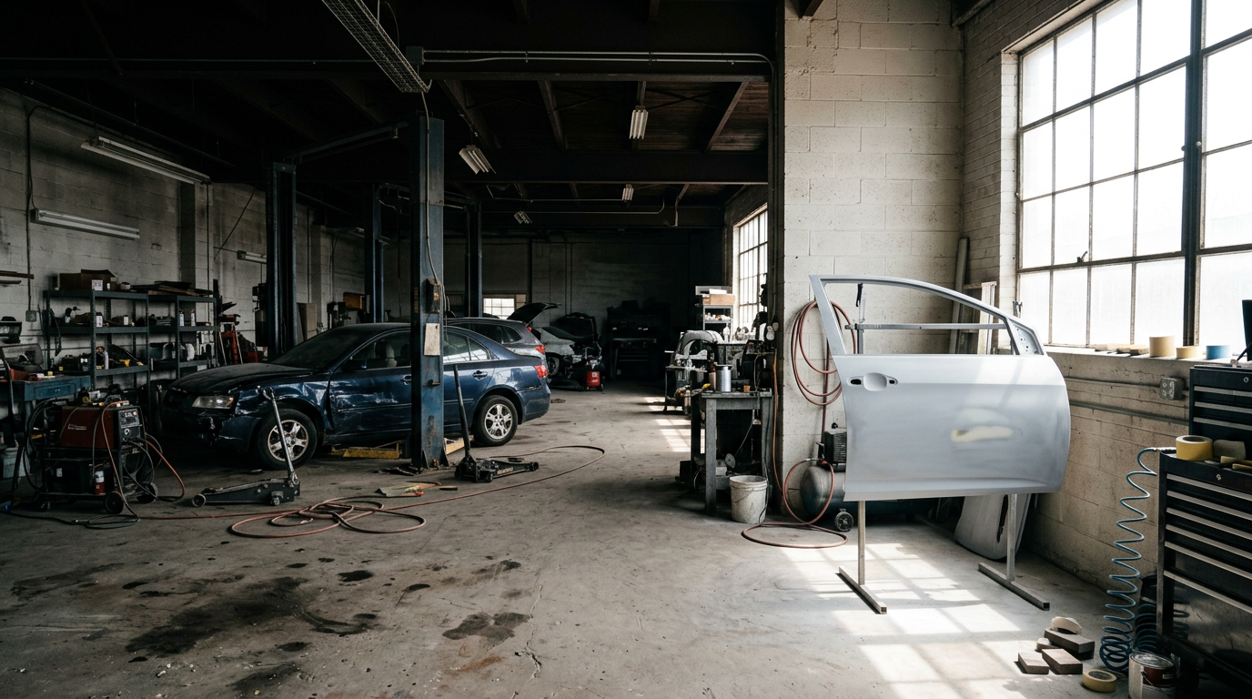 Wide auto body repair bay with collision repair equipment lit by natural daylight from the open shop door