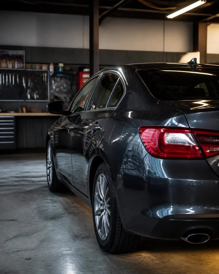 Freshly repaired dark charcoal sedan with flawless glossy paint inside a family-owned collision and auto body repair shop