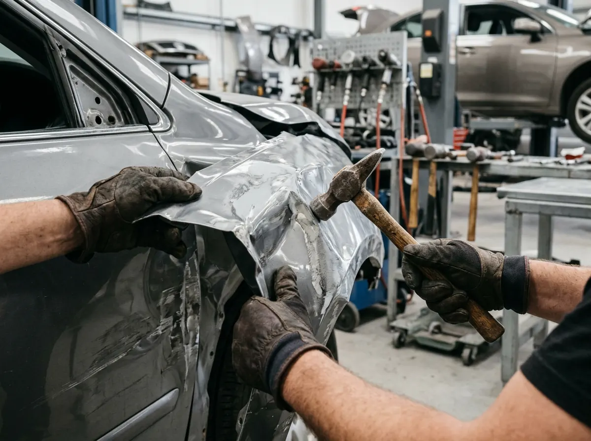 Auto body technician using a metal body hammer to straighten a crumpled fender on a grey sedan in a collision repair shop