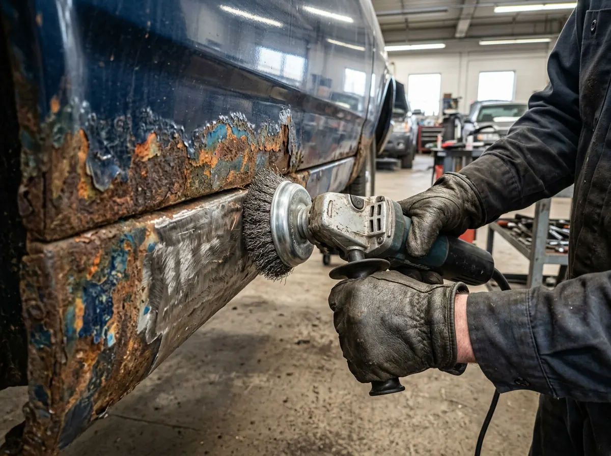 Angle grinder with a wire cup brush stripping rust from the corroded rocker panel of a blue vehicle