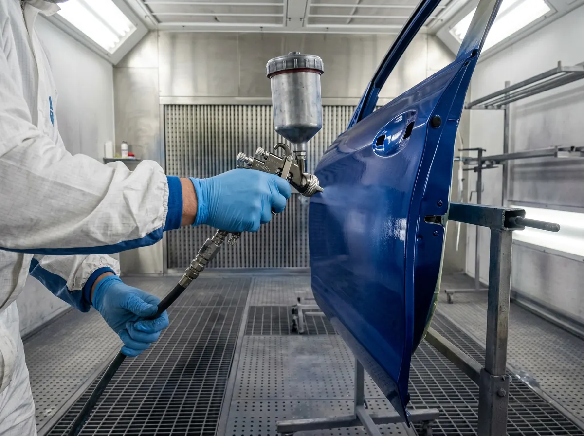 HVLP spray gun applying deep blue basecoat to a car door panel inside an automotive paint booth