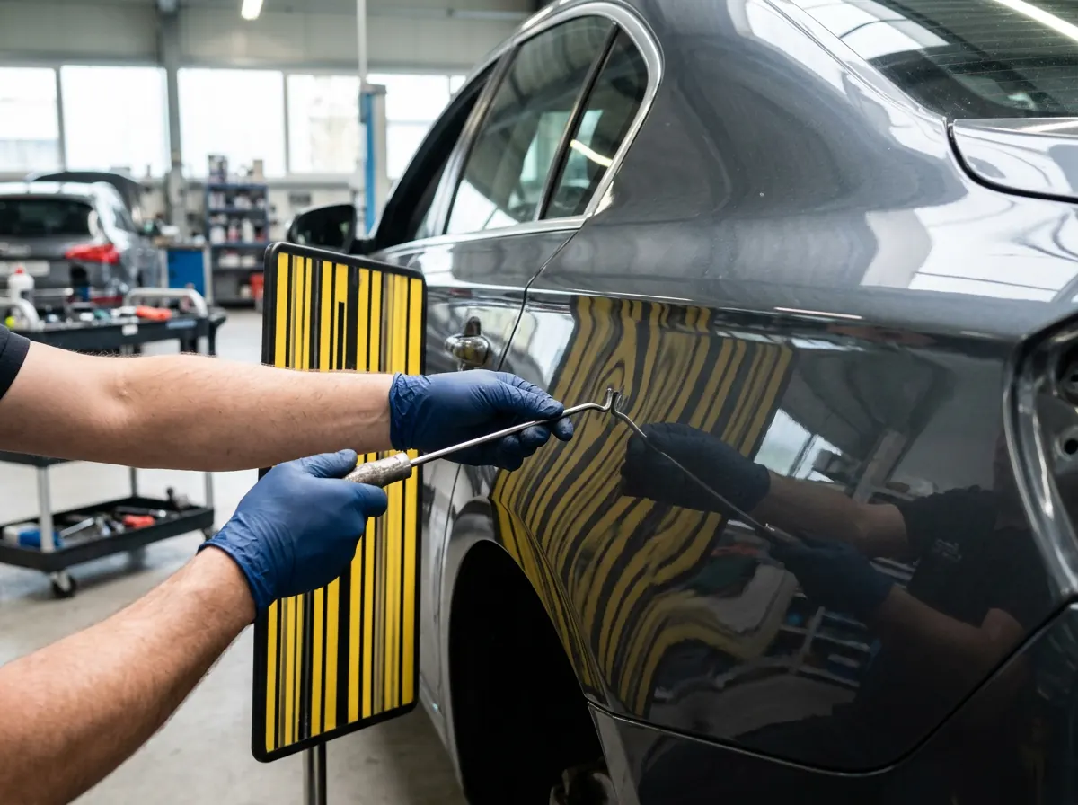 Paintless dent repair rod working a dent out of a dark car panel with a striped reflection board alongside