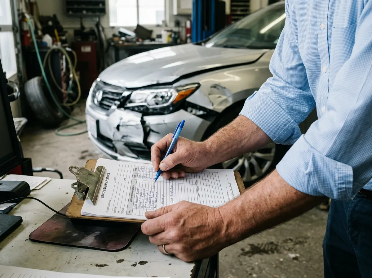 Estimator writing a vehicle repair estimate on a clipboard in front of a car with front-end collision damage