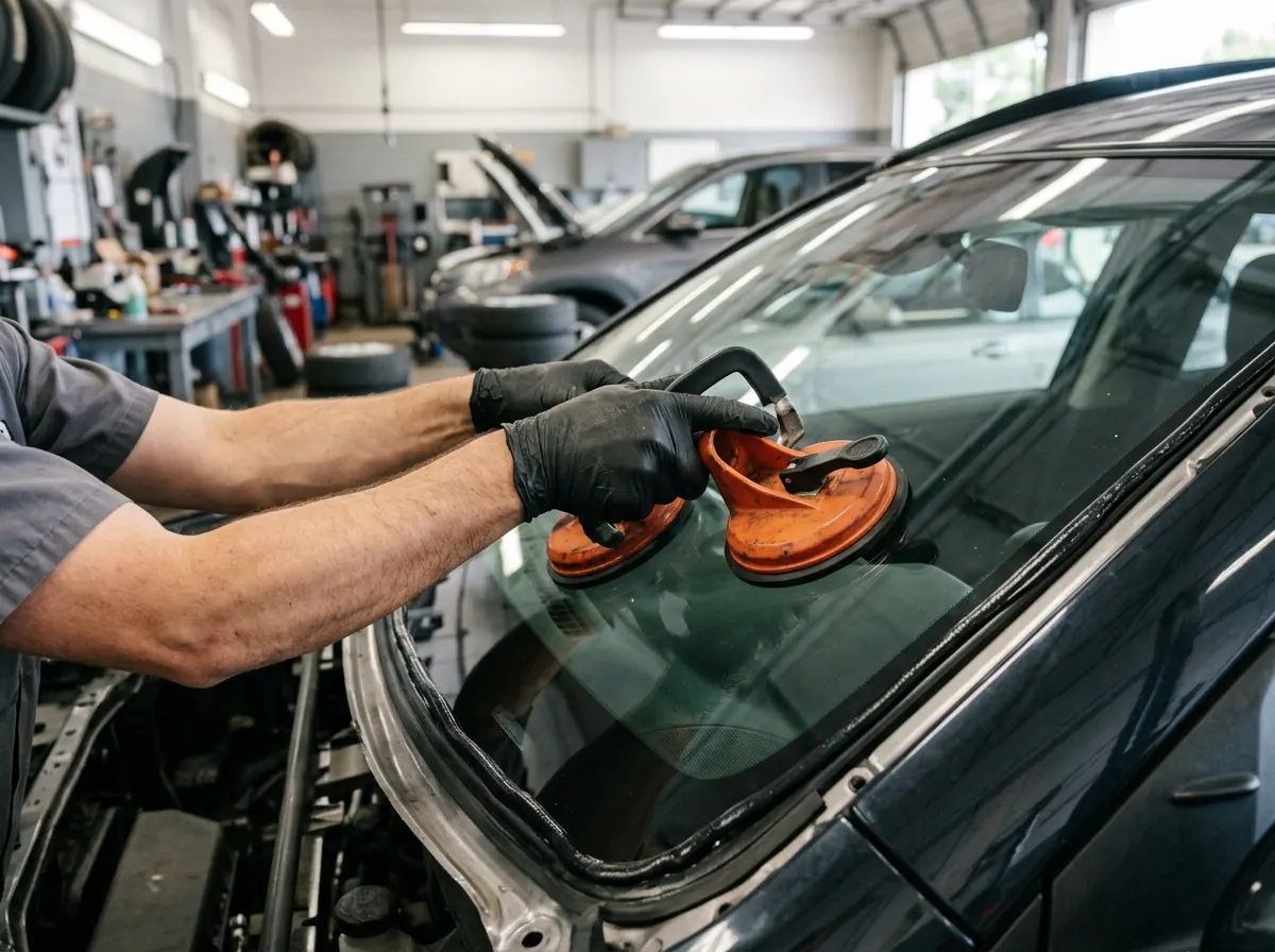 Technician setting a replacement windshield into a vehicle using a double suction cup glass lifter