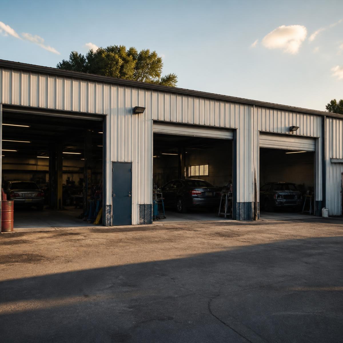 Exterior of an independent auto body repair shop with open bay doors and a paved customer lot at golden hour